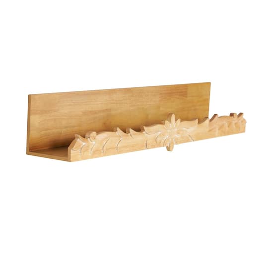 30" Light Brown Wooden Floral Room Wall Shelf with Carved Scroll Lip
